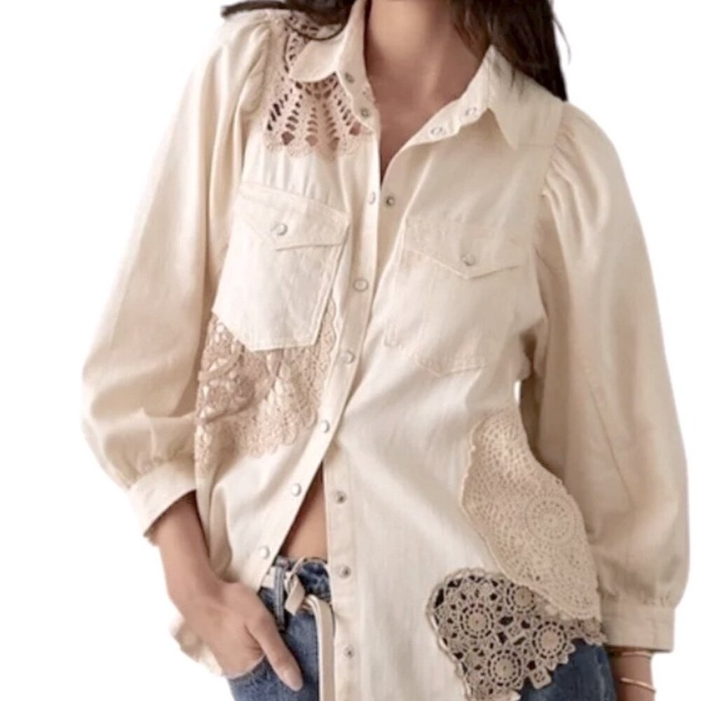 Anthropologie Bohemian Crochet 3/4 Sleeve Button Down NWOT Size XXS - Picture 3 of 7